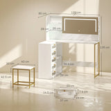 HOMCOM L-Shaped Dressing Table with LED Mirror, Stool, 5 Drawers and Glass Shelves – Bedroom Vanity, White