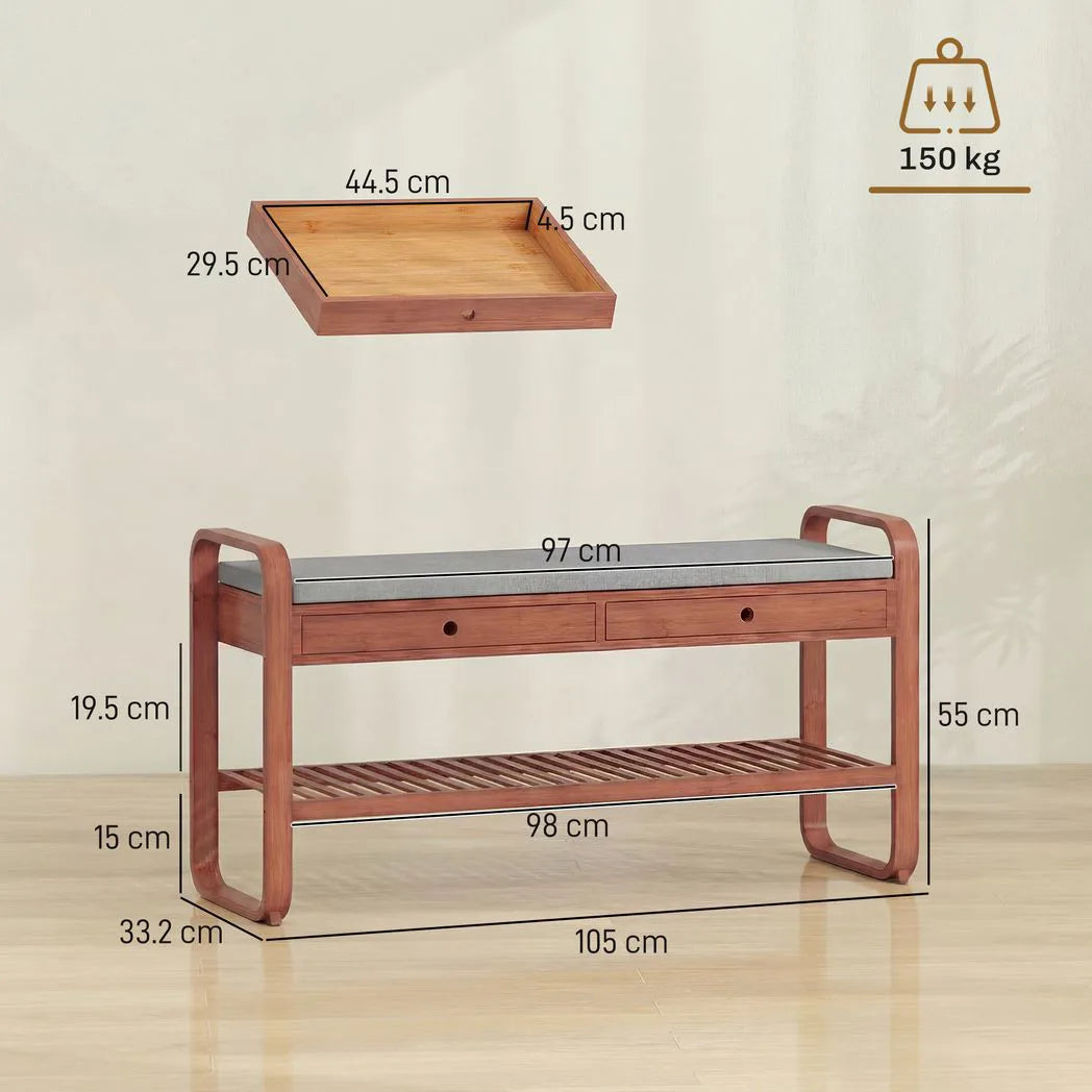 HOMCOM Bamboo Shoe Bench with 2 Drawers & Cushioned Seat, 105 cm – Dark Brown & Grey