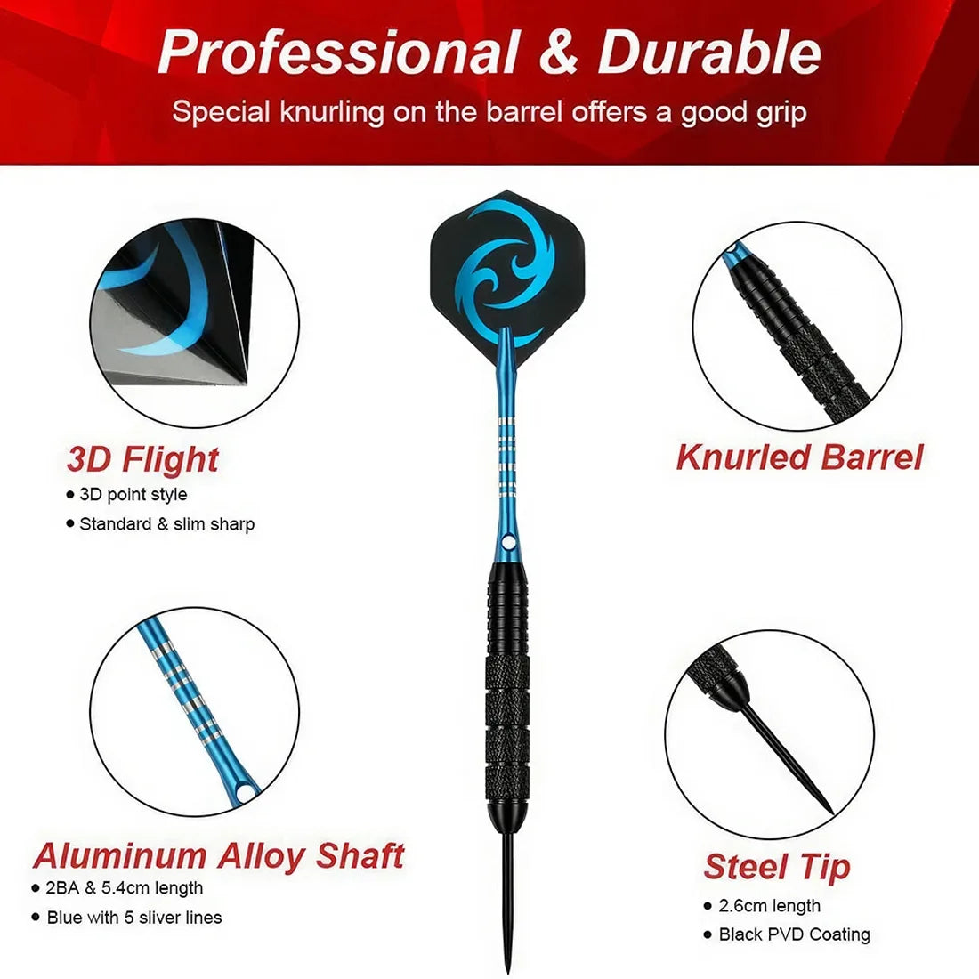 24g Steel Tip Darts Set of 6 with PVC Shafts, 12 Flights, Sharpener & Case – Professional Darts for Bristle Boards