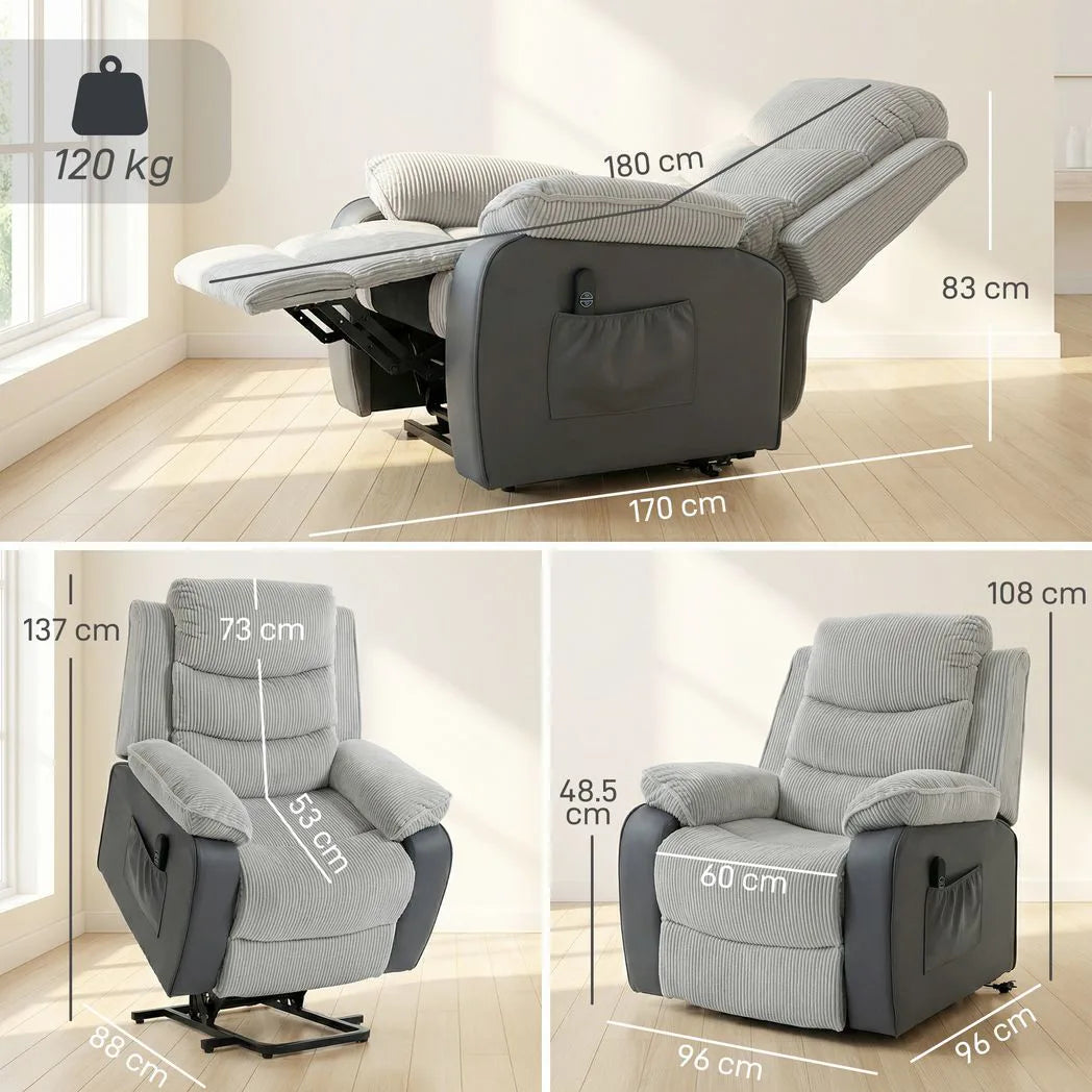 HOMCOM Overstuffed Corduroy Electric Riser Recliner Chair with Footrest and USB Port – Power Lift Chair, Grey