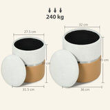 HOMCOM Set of 2 Nesting Round Storage Ottomans with Lift-Off Lids – Chenille and PU Leather, Cream and Brown
