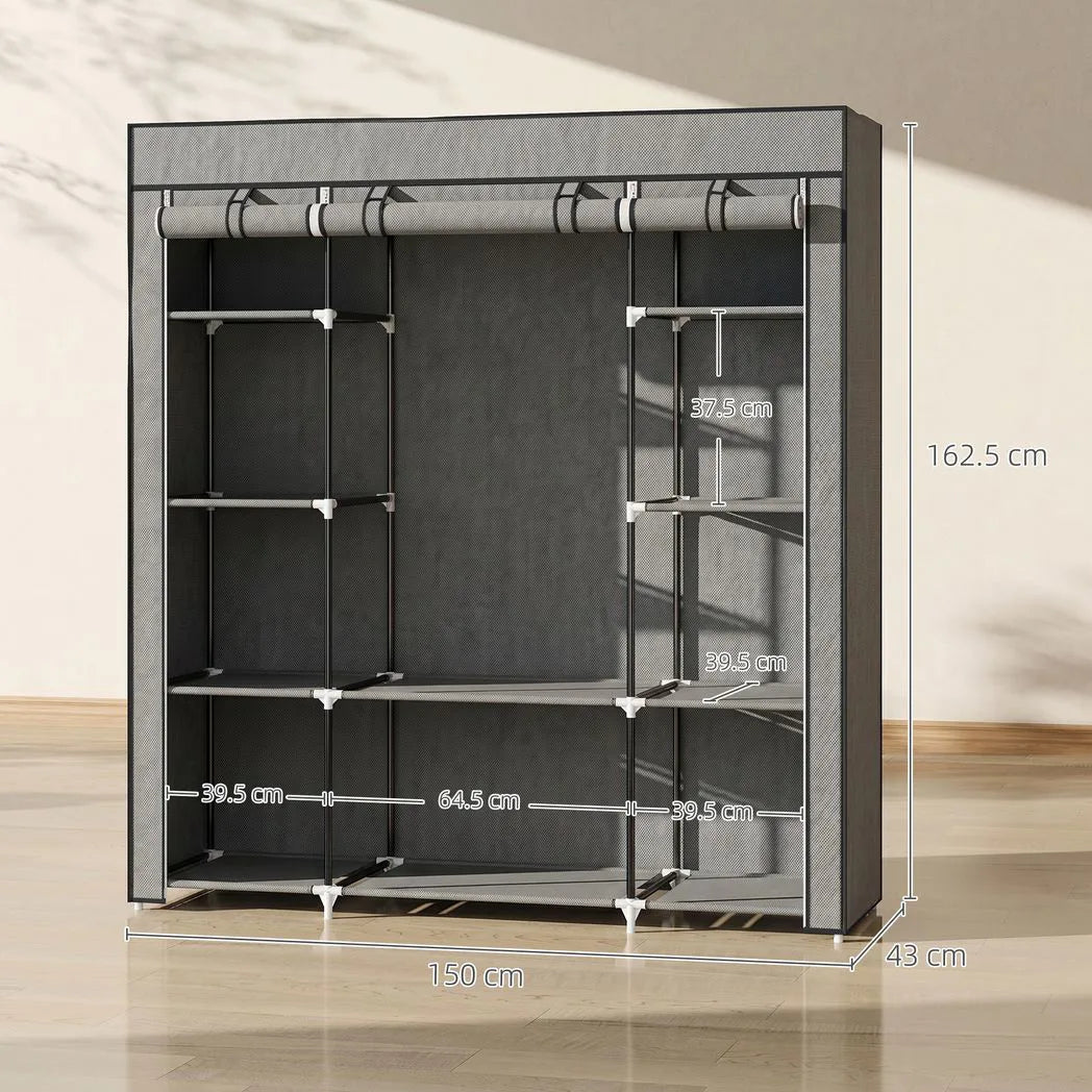 HOMCOM Portable Fabric Wardrobe with Hanging Rail, 10 Shelves and Roll-Up Doors – Foldable Clothes Storage, Dark Grey