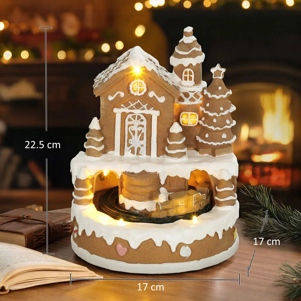 HOMCOM Christmas Gingerbread House with Rotating Train, LEDs & 8 Tunes – Lighted Musical Snow Village