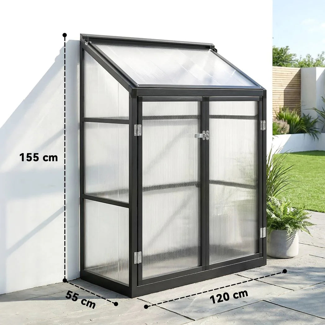 Outsunny Lean-to Polycarbonate Greenhouse 4 x 2ft with 2 Hinged Doors & Top Vent, Aluminium Frame, Black