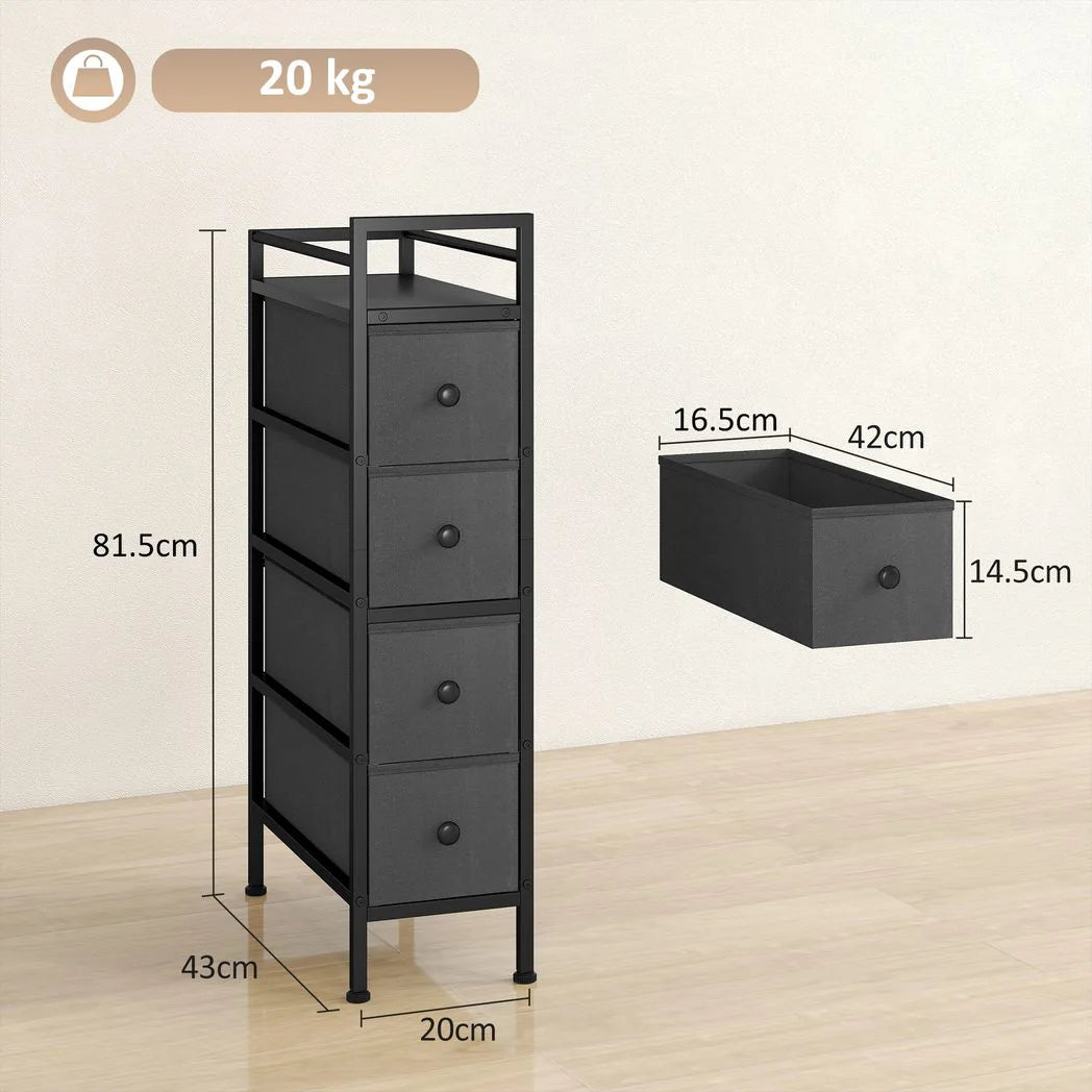 HOMCOM 4 Drawer Slim Fabric Chest of Drawers with Steel Frame – Narrow 20 cm Storage Cabinet for Small Spaces, Black