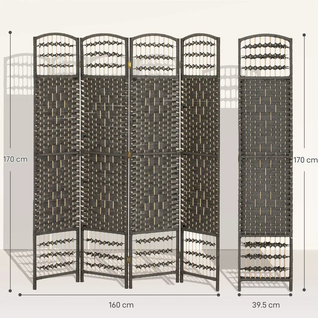 HOMCOM 4 Panel Folding Privacy Screen with Pine Wood Frame – Hand-Woven Room Divider, Dark Grey