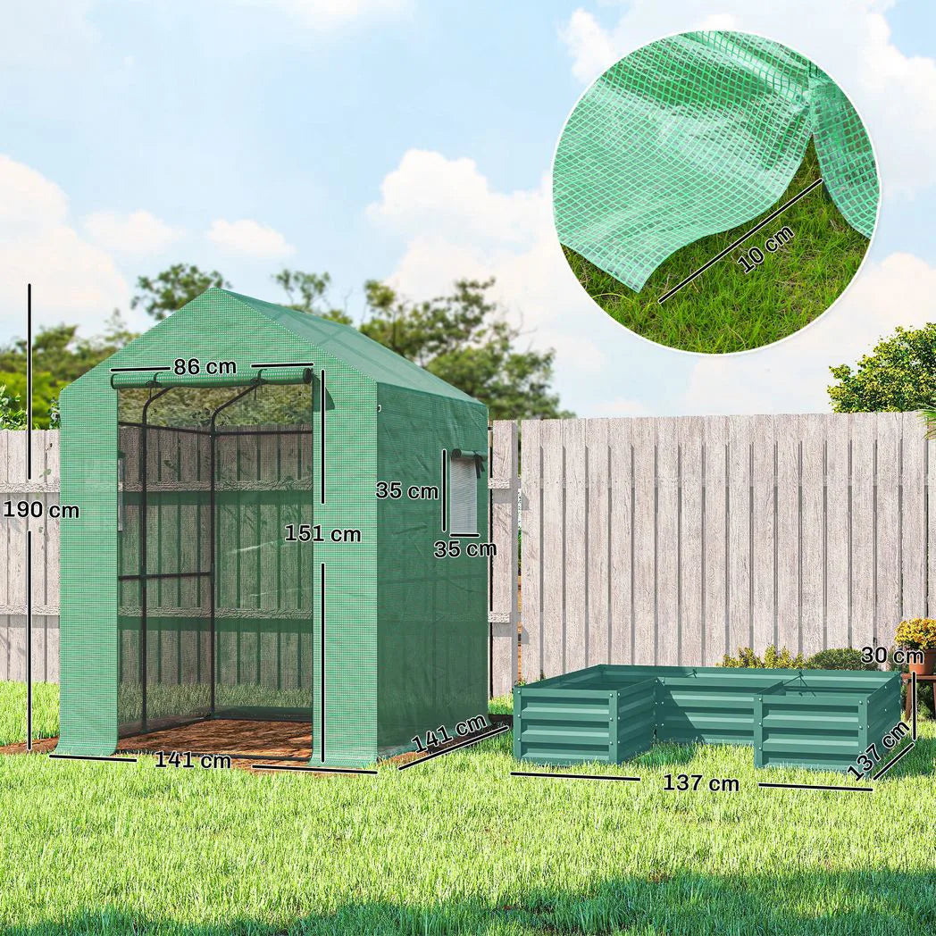 Outsunny Walk-In Greenhouse with Galvanised Raised Bed & Roll-Up Windows, 141 x 141 x 190 cm, Green