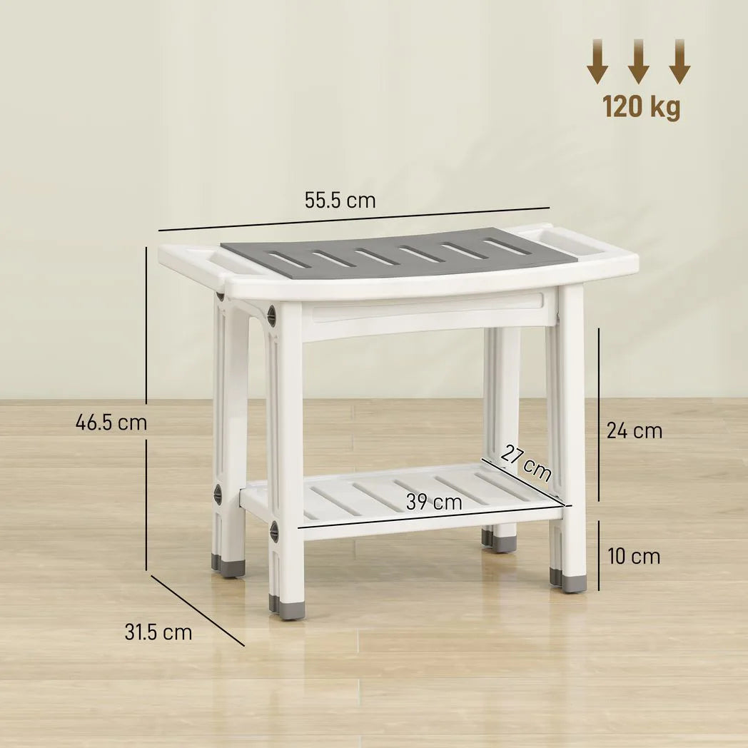 HOMCOM 2-Tier Shower Bench with Shelf, Shower Head Holder & EVA Seat Pad – Bathroom Stool, White and Grey