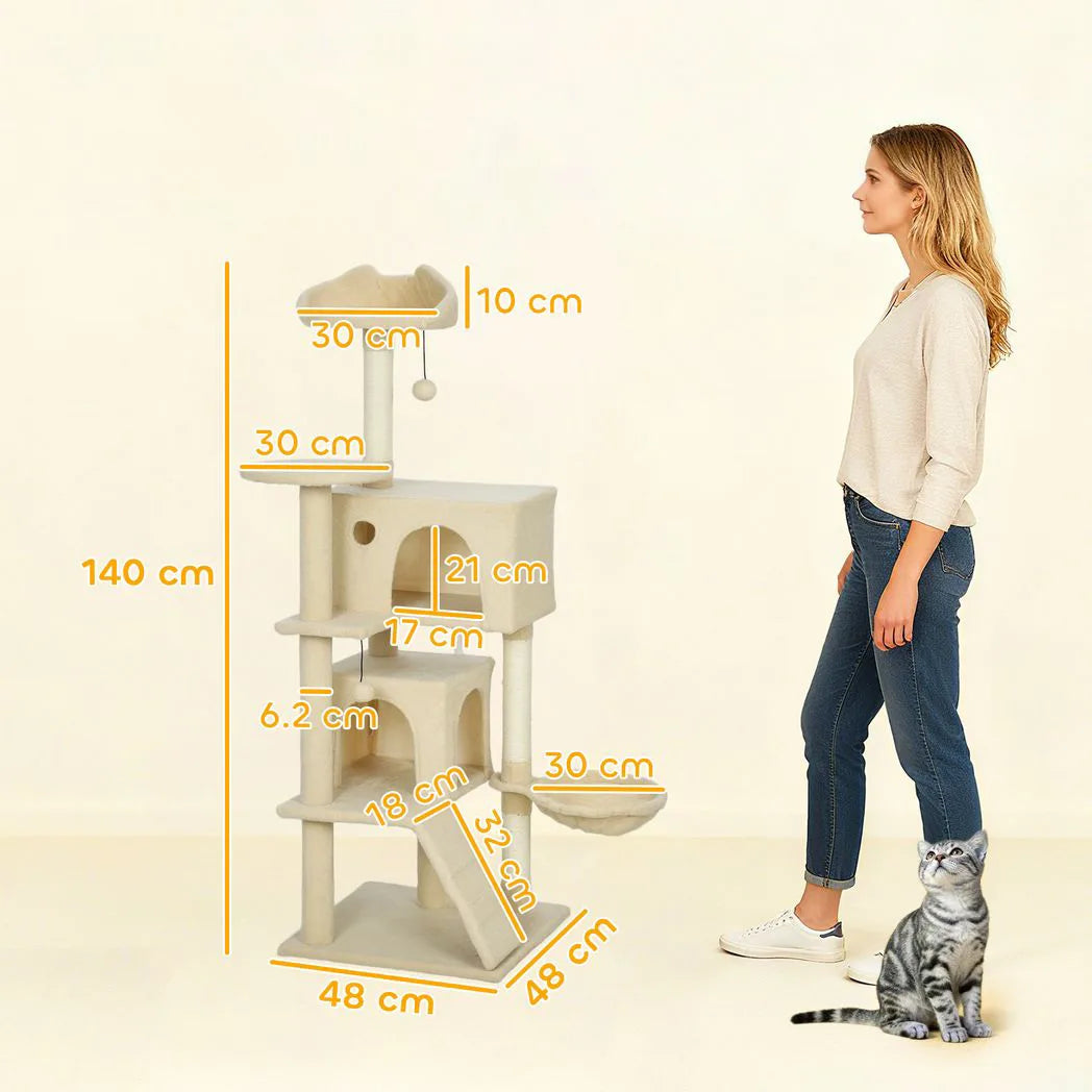 PawHut 140cm Large Cat Tree Tower with Sisal Scratching Posts, Plush Perches, Hammock & Cat Houses, Beige