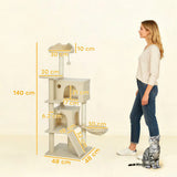 PawHut 140cm Large Cat Tree Tower with Sisal Scratching Posts, Plush Perches, Hammock & Cat Houses, Beige