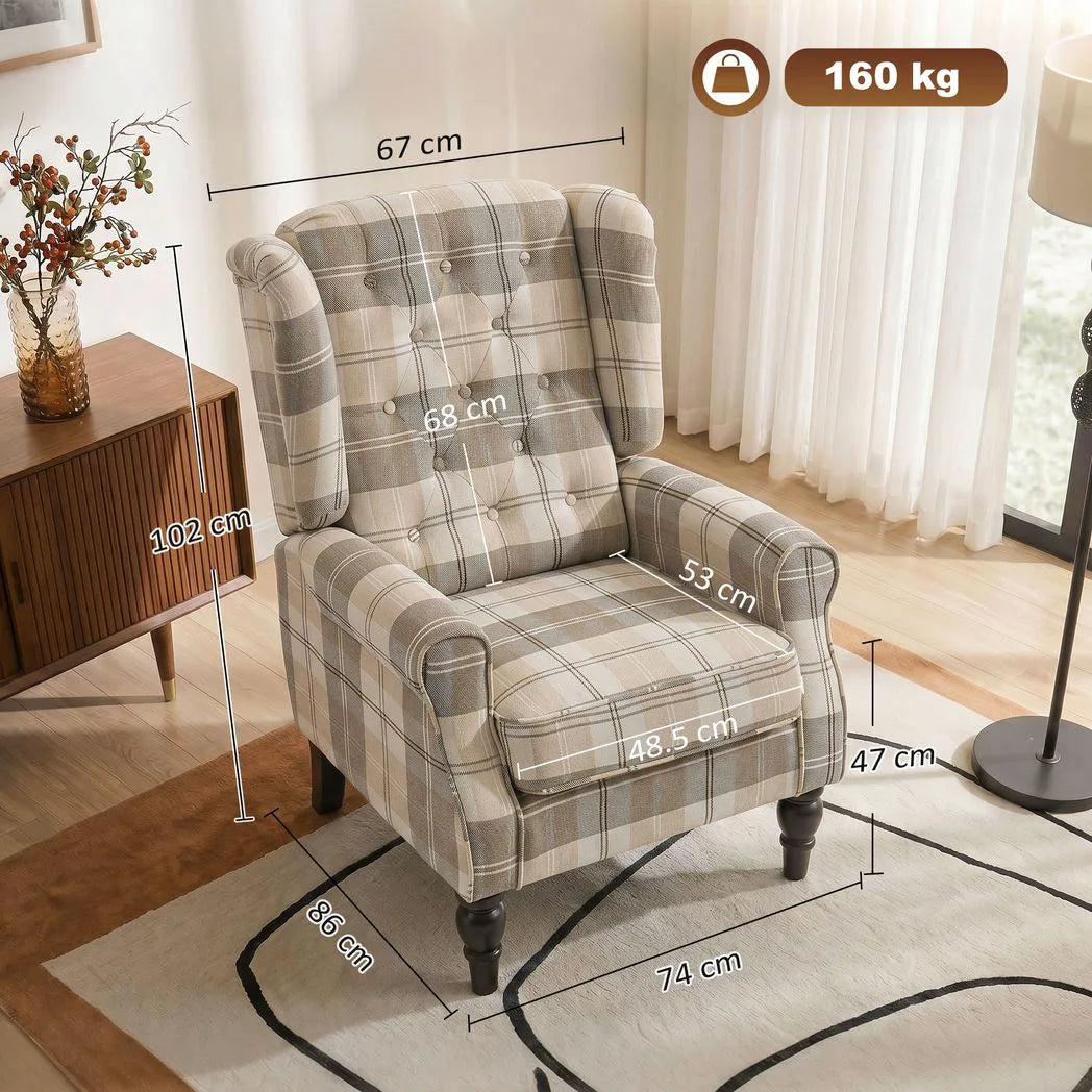 HOMCOM Wingback Accent Chair with Pocket-Spring Cushion and High Back – Linen-Look Armchair, Khaki Plaid