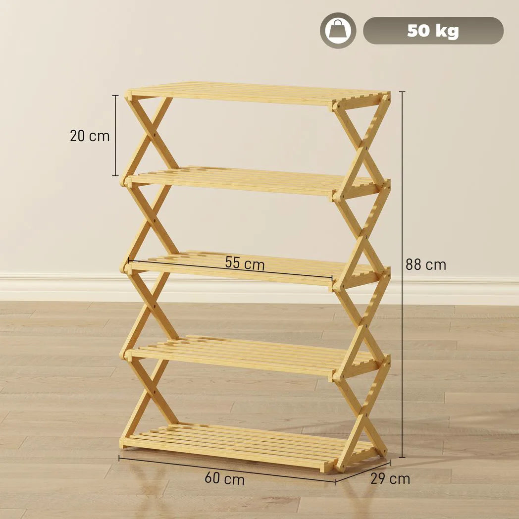 HOMCOM 5-Tier Folding Bamboo Shoe Rack – Holds 15 Pairs, No Assembly, Natural
