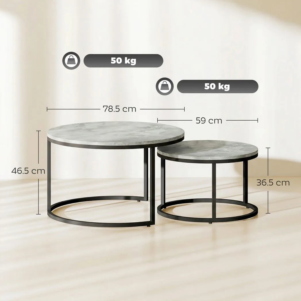 HOMCOM Set of 2 Round Nesting Coffee Tables with Marble-Effect Top & Steel Frame – Stacking Side Tables, Grey