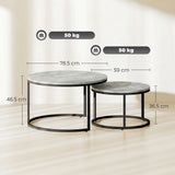 HOMCOM Set of 2 Round Nesting Coffee Tables with Marble-Effect Top & Steel Frame – Stacking Side Tables, Grey