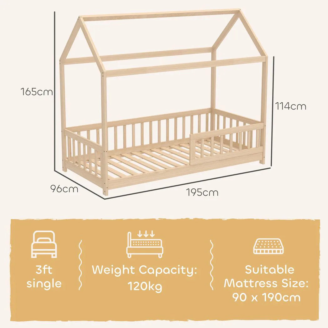 HOMCOM House-Shaped Kids Single Bed Frame with Guard Rails – Solid Pine, Natural Wood