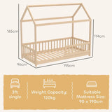 HOMCOM House-Shaped Kids Single Bed Frame with Guard Rails – Solid Pine, Natural Wood