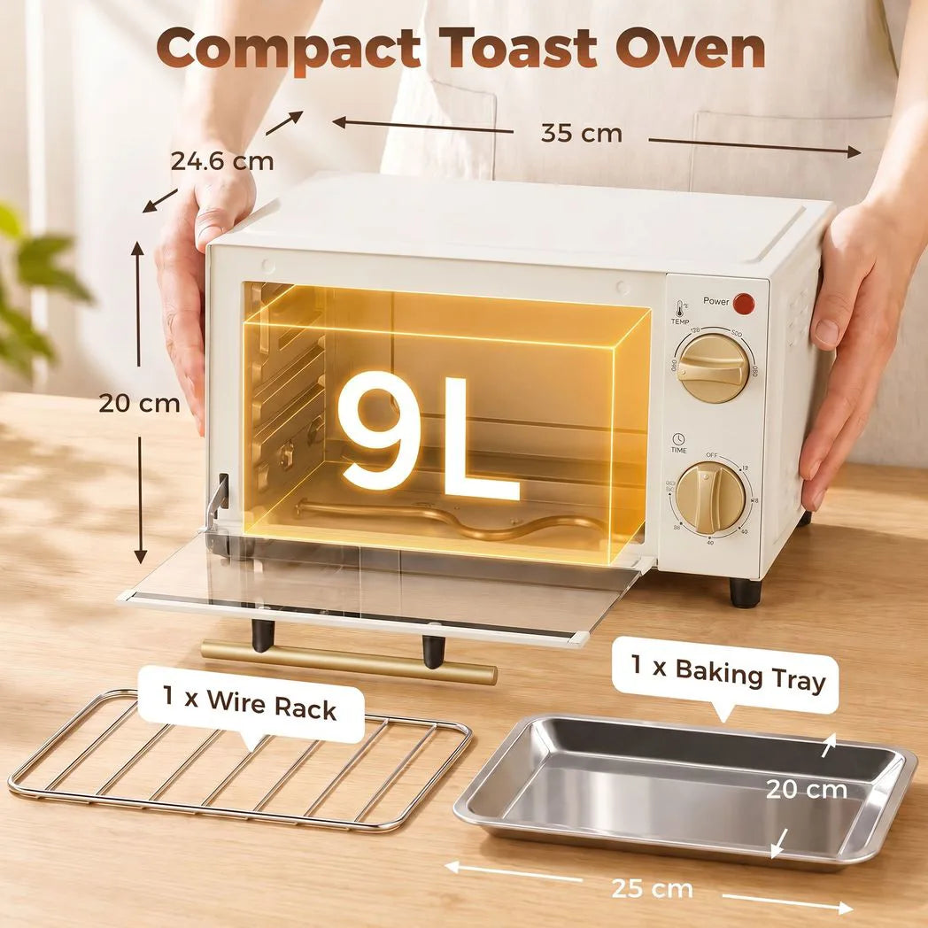 HOMCOM 9L Mini Oven with Adjustable Temperature & 60 Minute Timer – Countertop Toaster Oven Grill, White