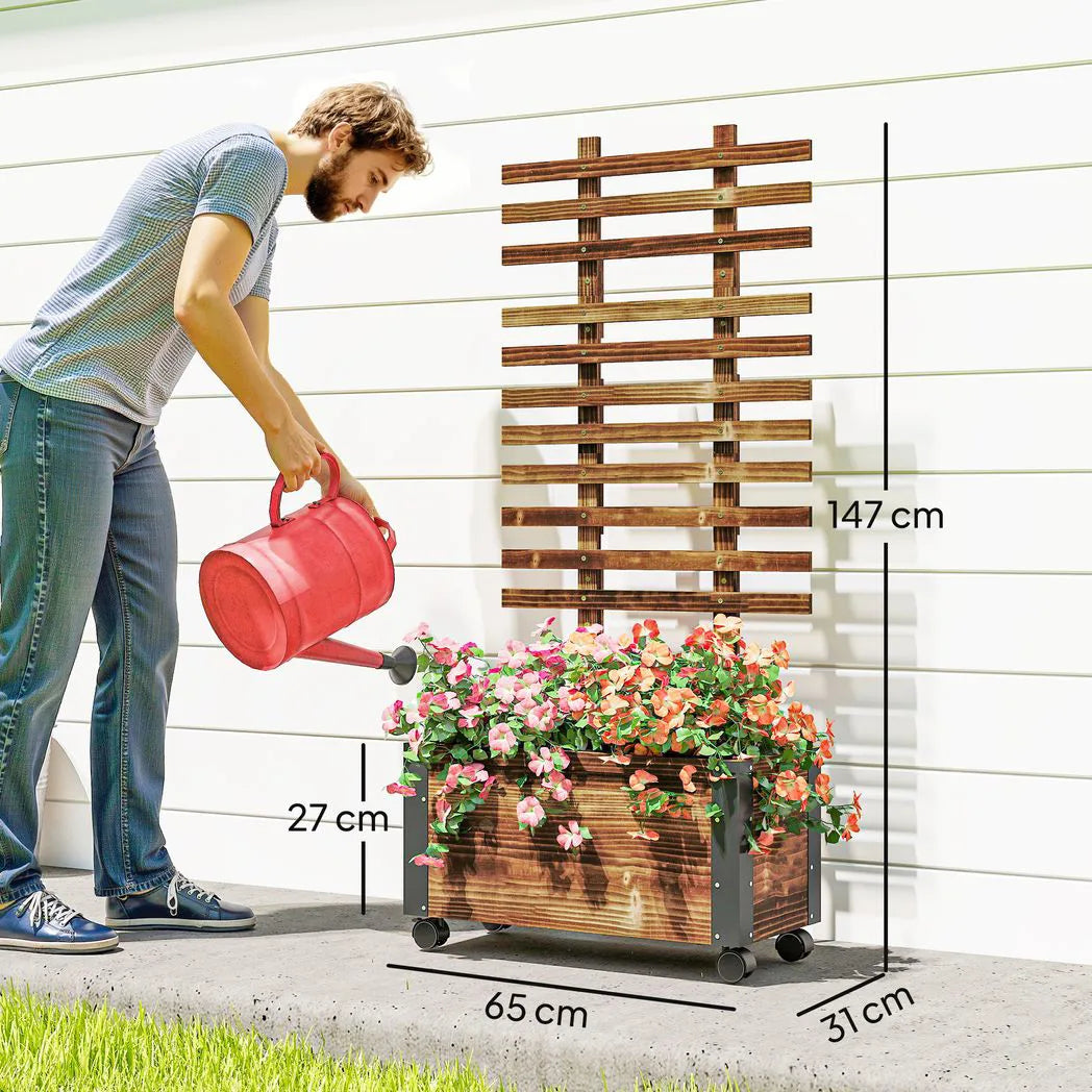 Outsunny Mobile Raised Garden Bed with Trellis and Wheels – Solid Wood Planter with Metal Corners, Brown