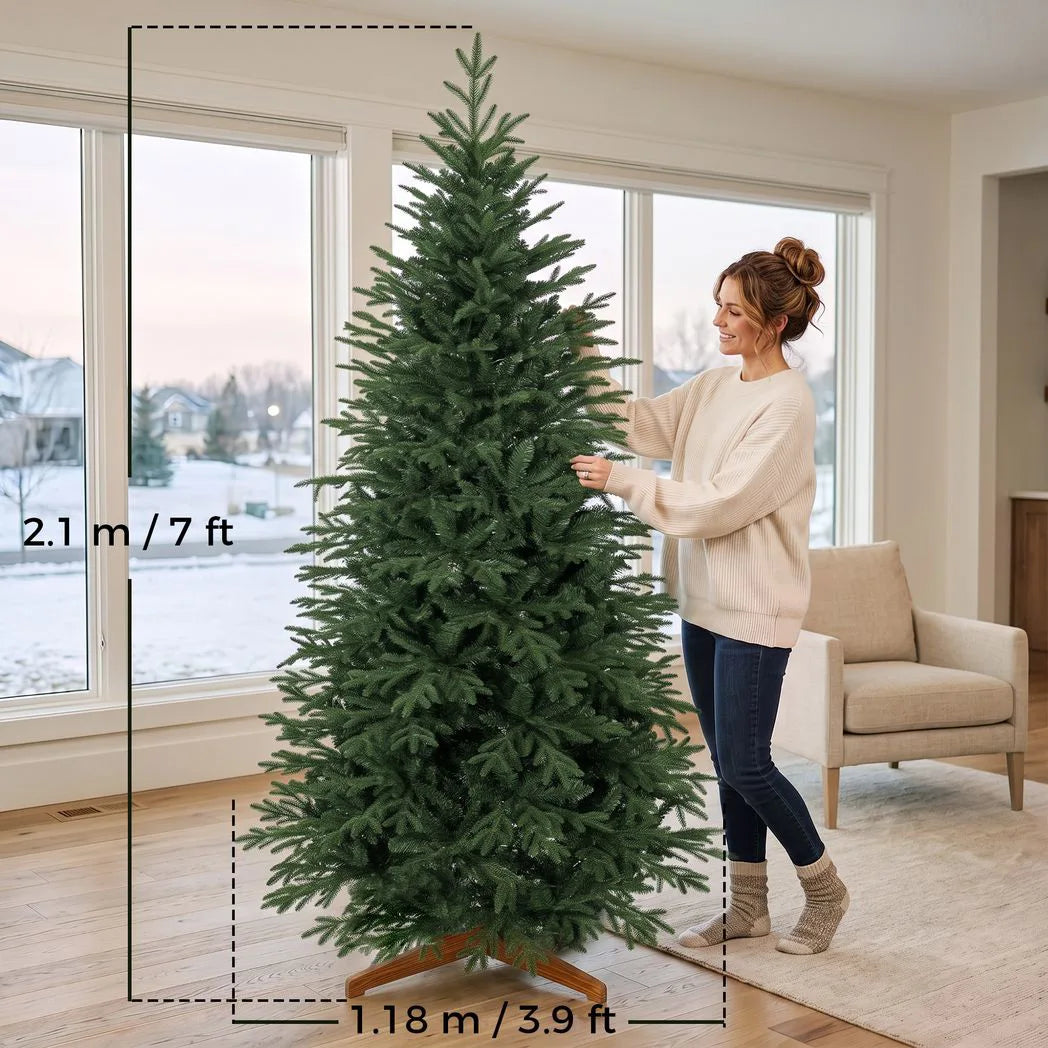 HOMCOM 7ft Hinged Artificial Christmas Tree with 2719 PE and PVC Tips and Solid Pine Wood Stand, Green