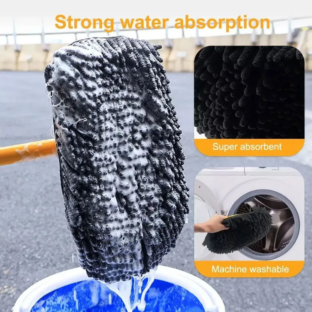 Telescopic Car Wash Brush Kit with Long Handle and 2 Microfibre Mop Heads – 15° Curved, 90° Rotating