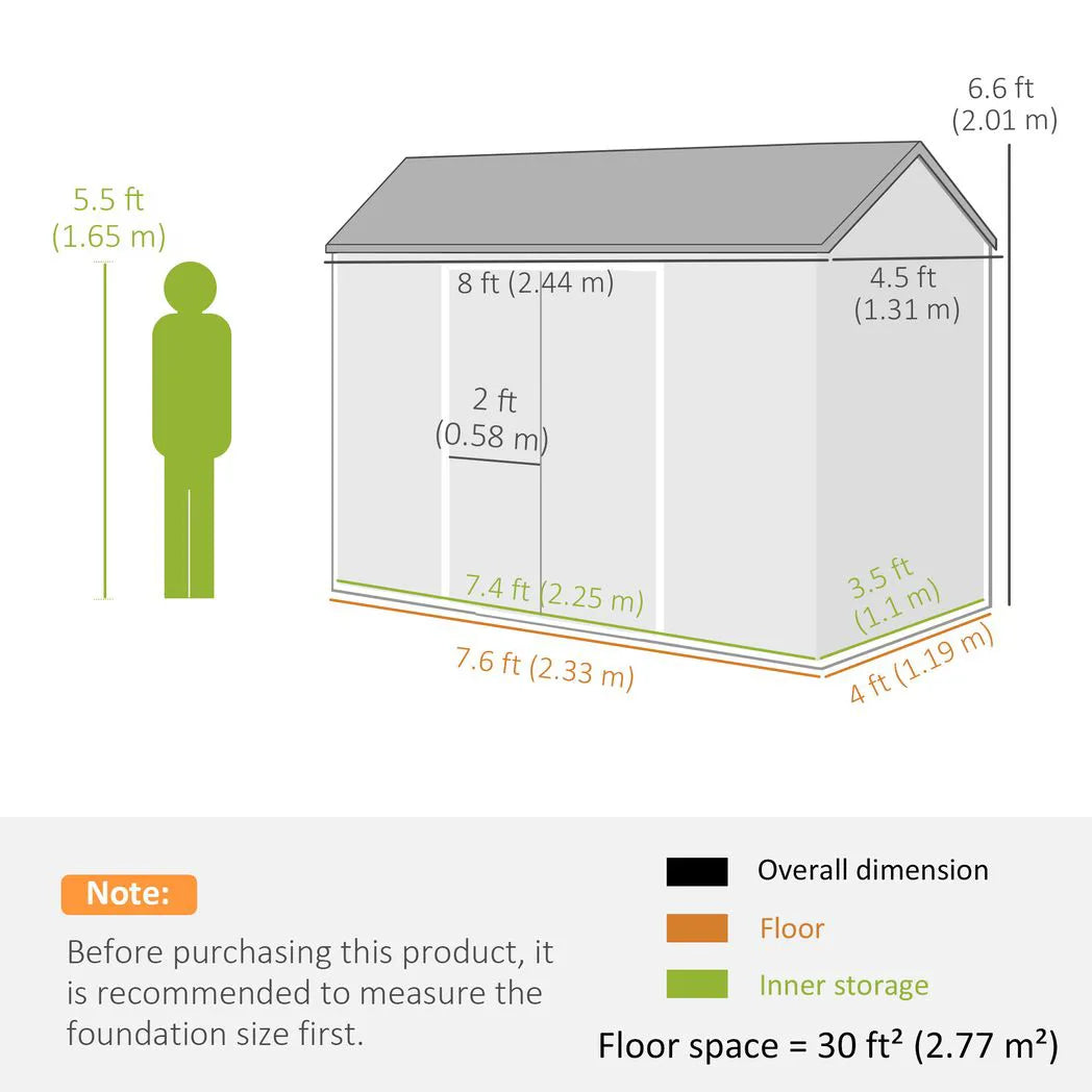 Outsunny 8 x 4ft Wood-Effect Resin Garden Shed with Floor, Windows & Lockable Doors – Outdoor Storage, Dark Grey