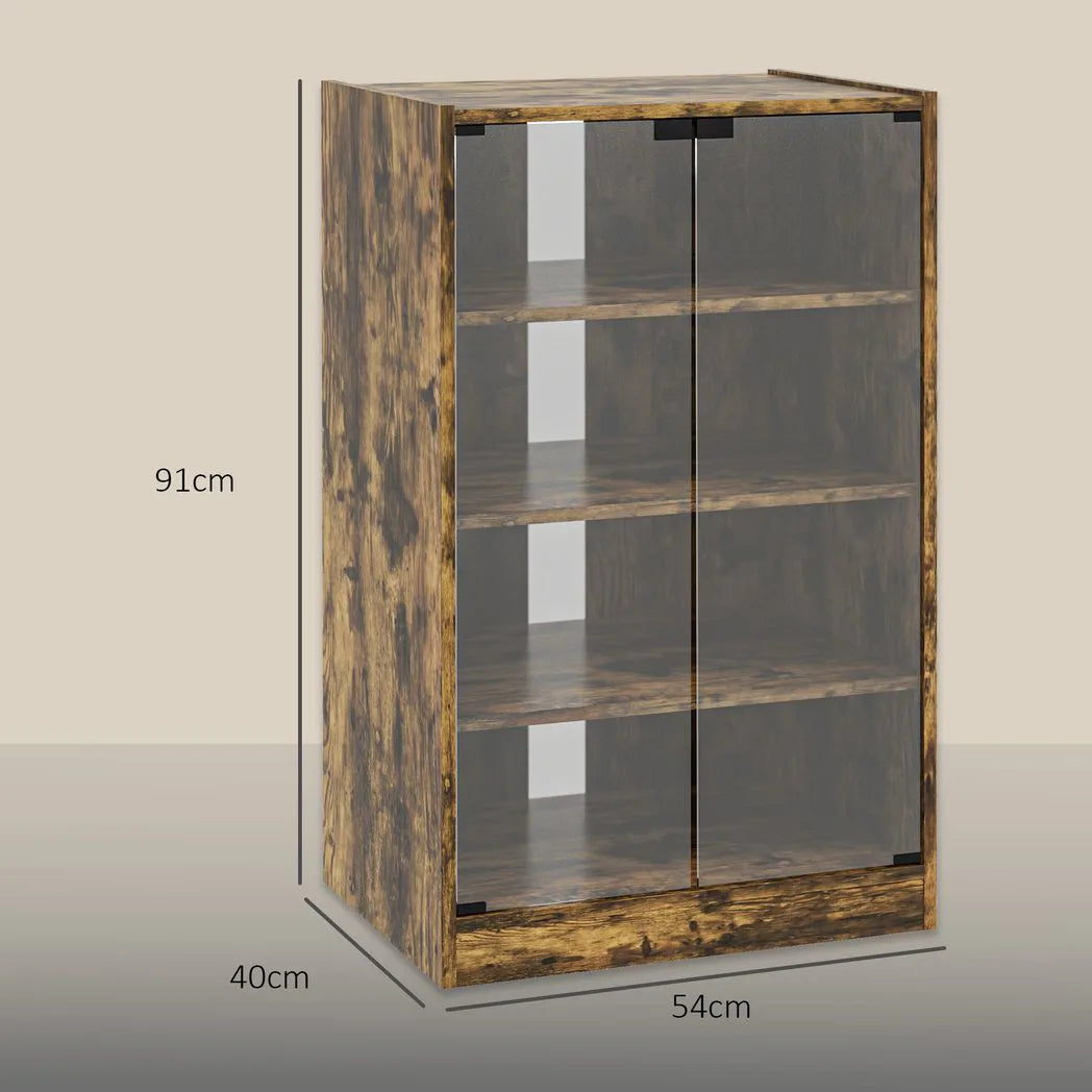 HOMCOM 4-Tier Hi-Fi Stand with Push-to-Open Glass Doors and Adjustable Shelves – Record Player Cabinet, Rustic Brown