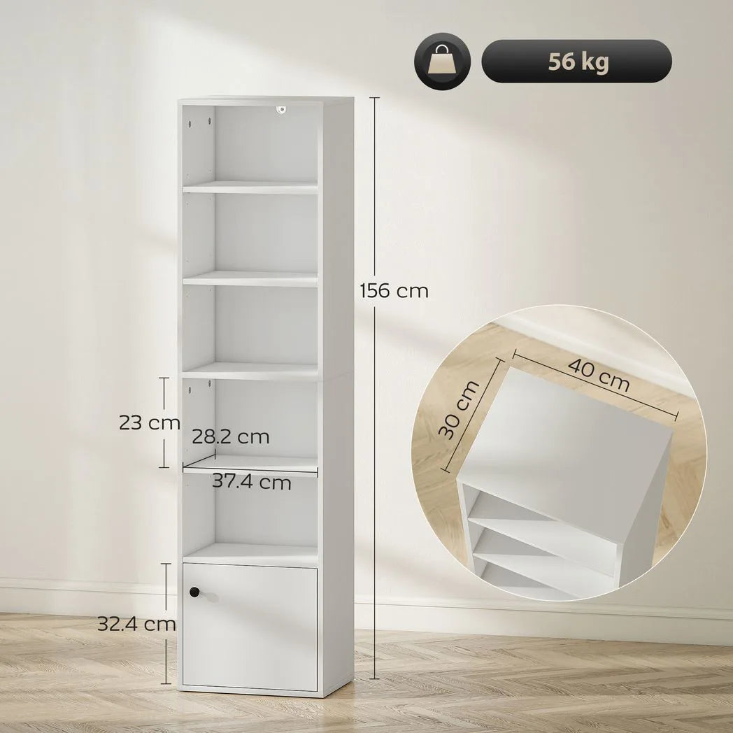 HOMCOM 6-Tier 156cm Tall Bookcase with Cupboard and Adjustable Shelves, Anti-Tipping Kit – White
