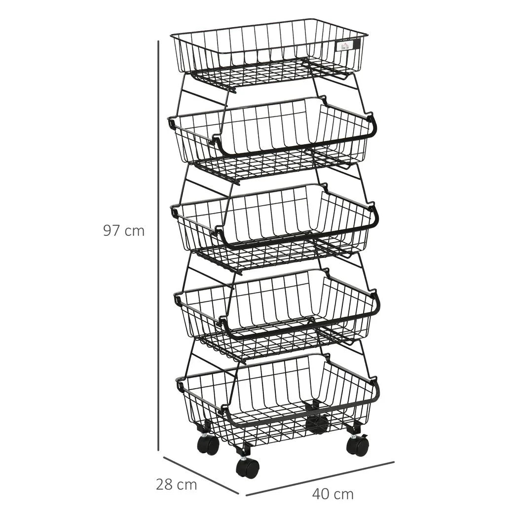 HOMCOM 5-Tier Stackable Storage Trolley – Fruit and Vegetable Cart for Kitchen and Living Room with Lockable Wheels, Black