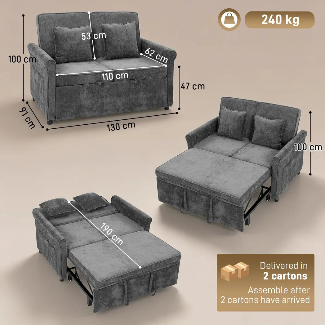 HOMCOM 2 Seater Sofa Bed, 3-in-1 Convertible Chenille Sleeper Sofa with 5-Position Backrest – Grey