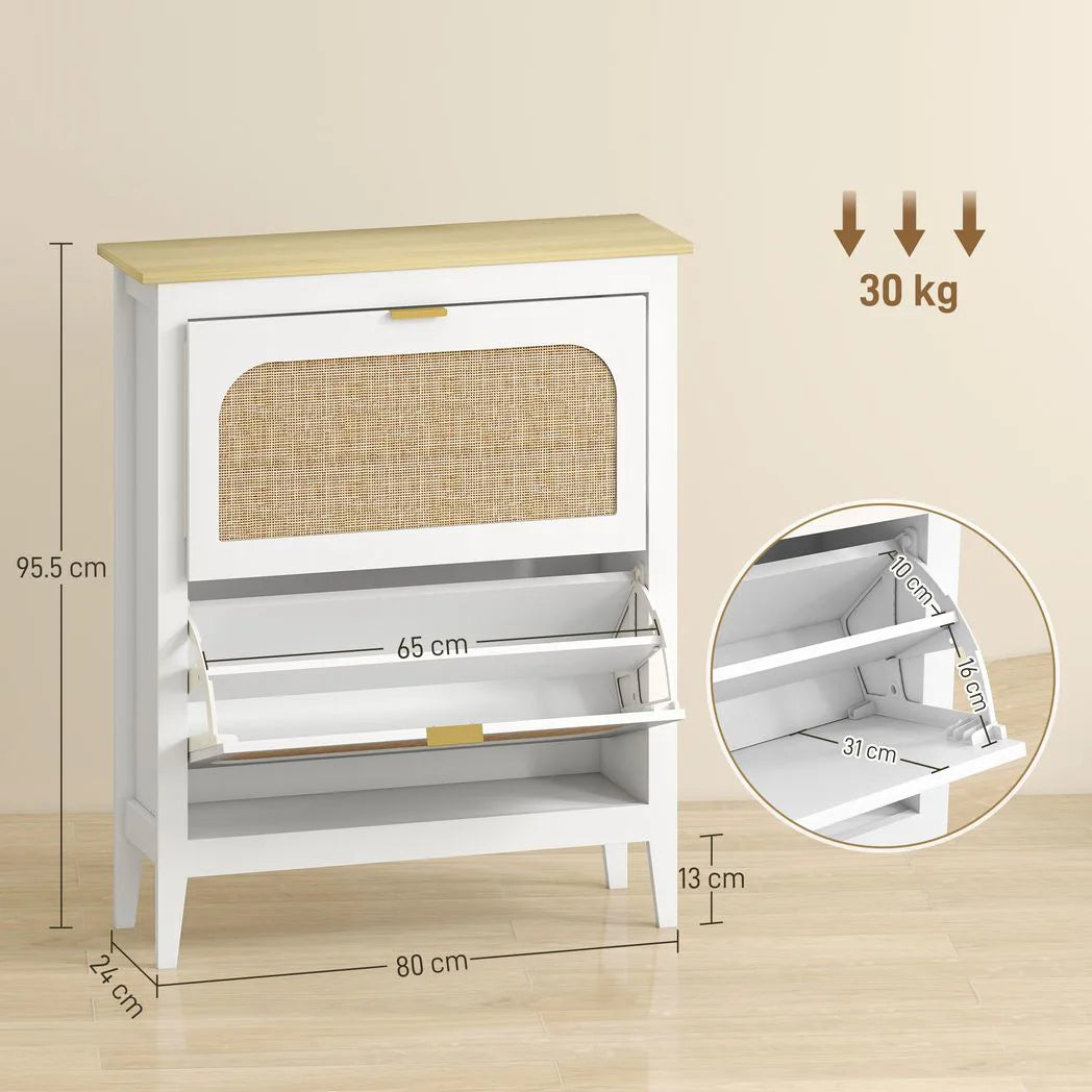 HOMCOM Boho Slim Shoe Cabinet with 2 Flip Drawers and Rattan Doors – Holds 14 Pairs, White