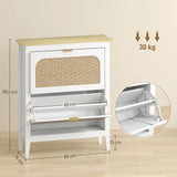 HOMCOM Boho Slim Shoe Cabinet with 2 Flip Drawers and Rattan Doors – Holds 14 Pairs, White