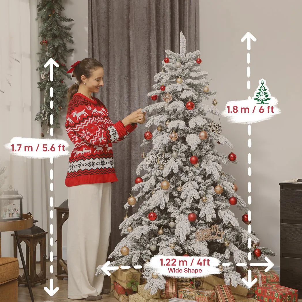 HOMCOM 6ft Snow Flocked Artificial Christmas Tree with 1338 Moulded Tips & Folding Metal Base – Green/White