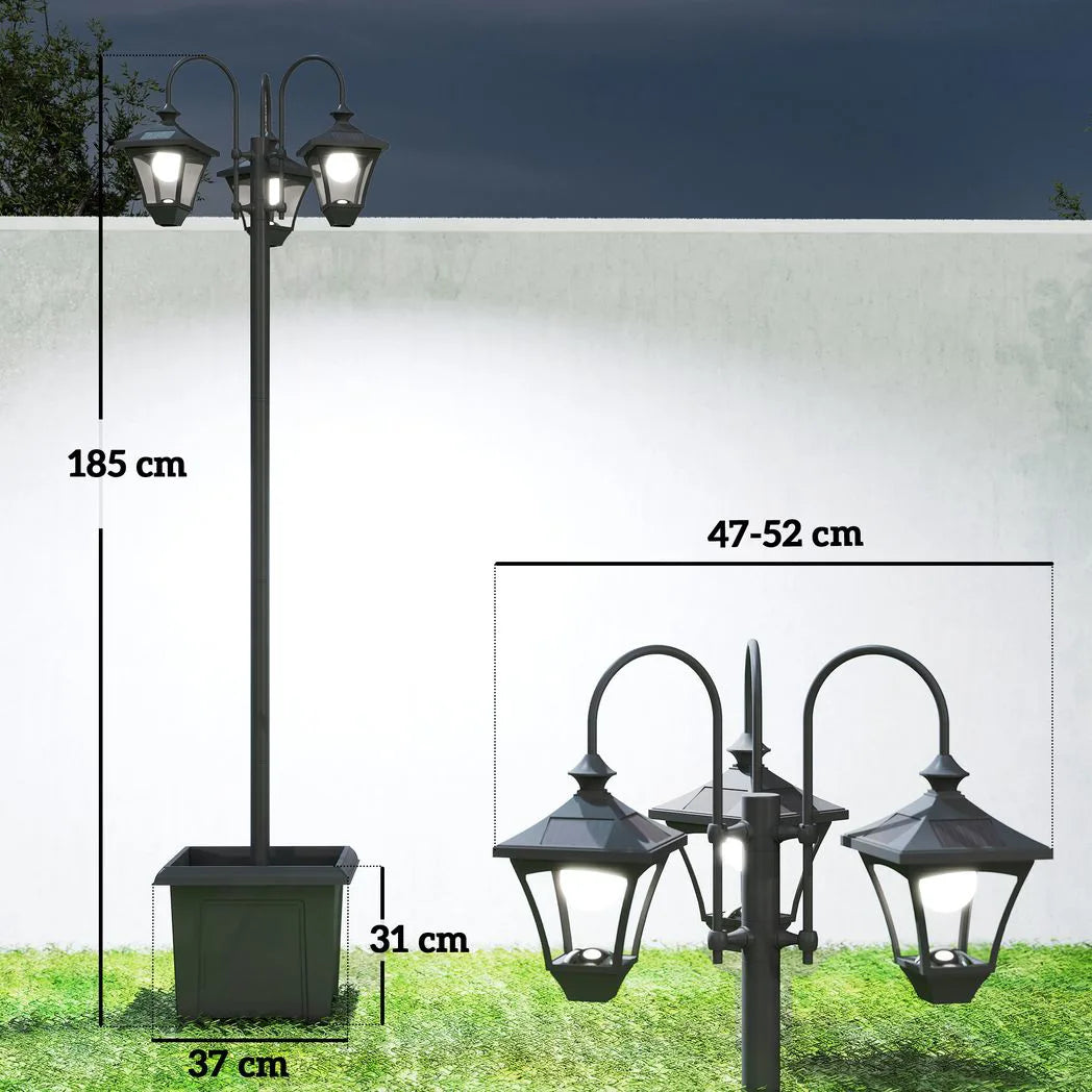 Outsunny Solar Lamp Post with 3 Heads, Dusk-to-Dawn Sensor & Planter Base – 185cm Garden Light, Black