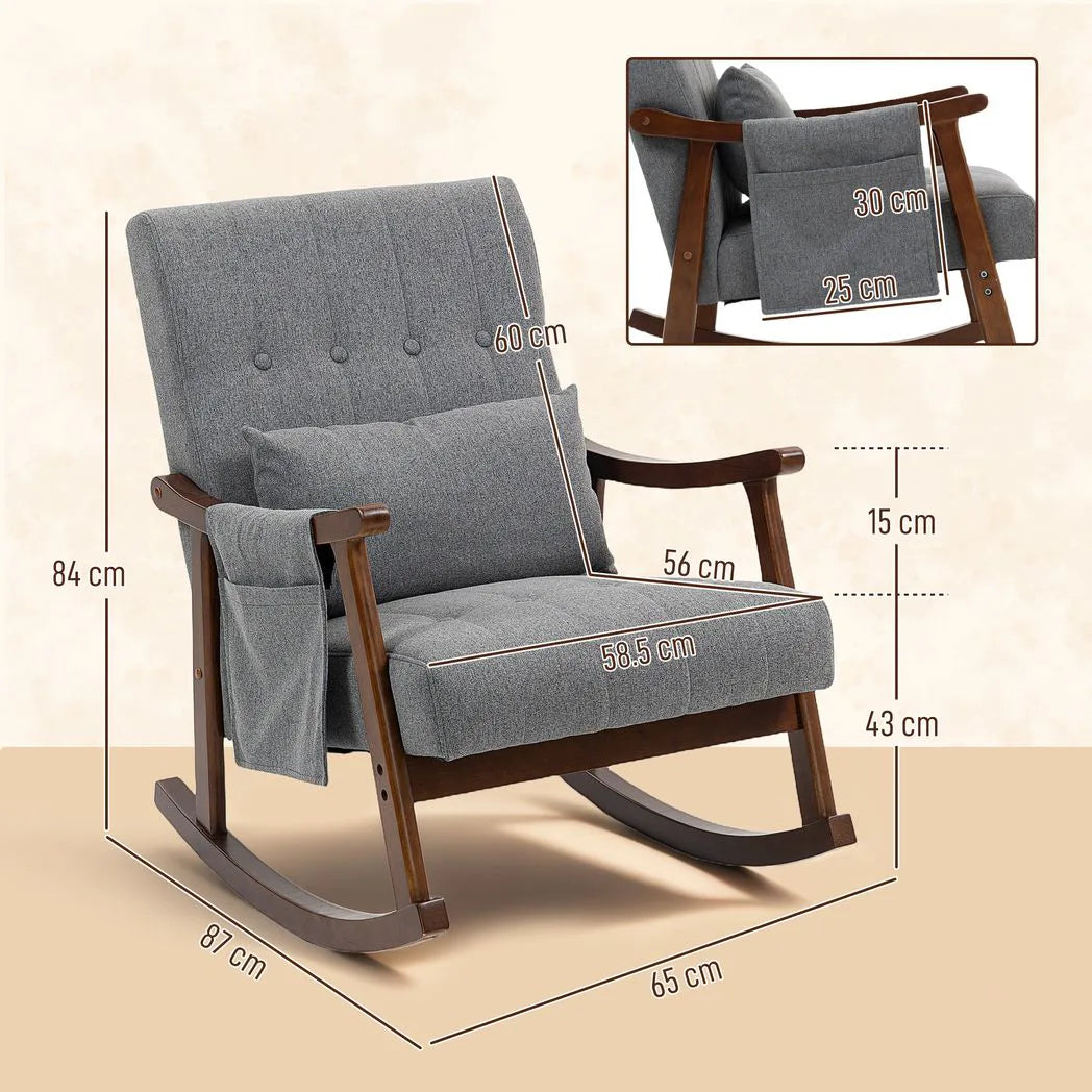 HOMCOM Rocking Accent Chair with Rubberwood Frame, Side Pocket & Pillow – 35° Rocking Armchair, Grey