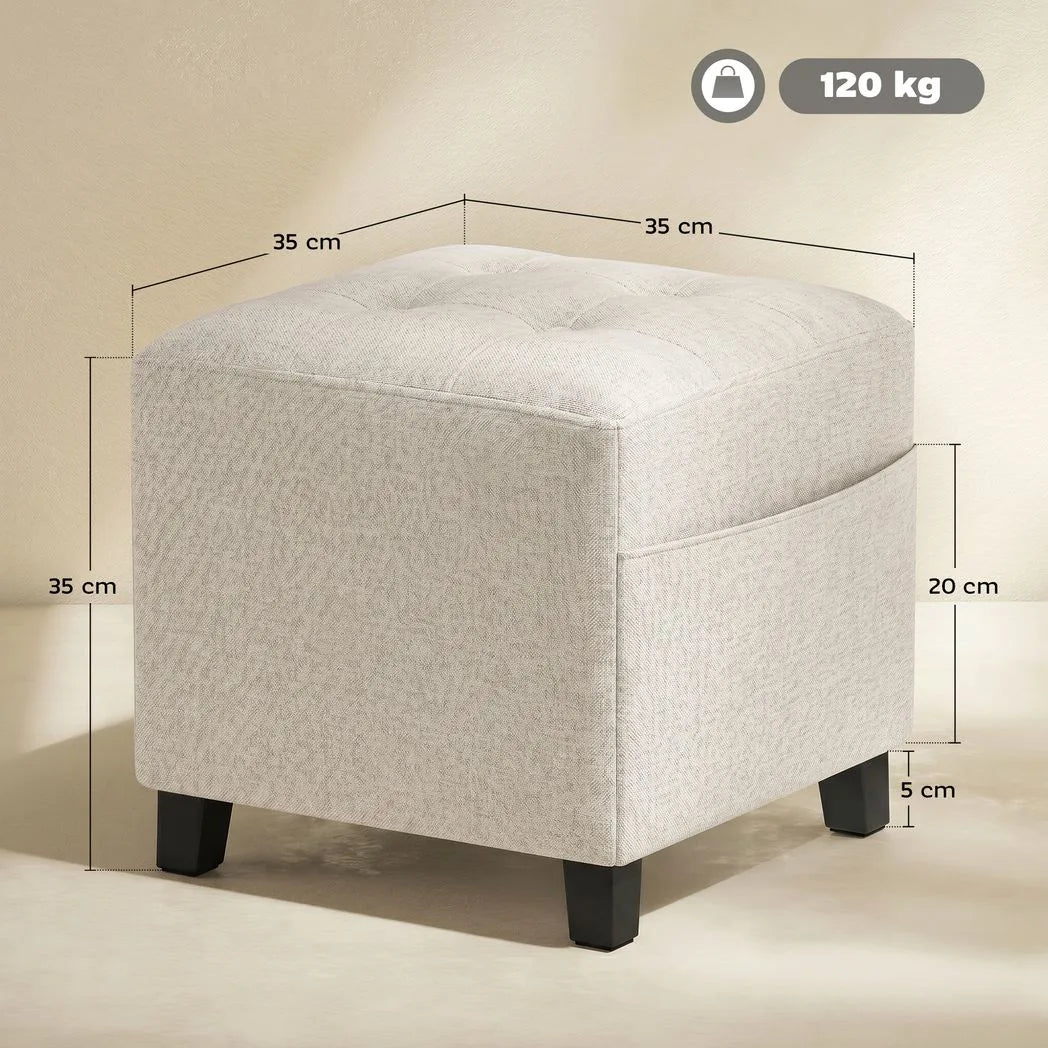 HOMCOM Small Ottoman Footstool with Side Pocket, Padded Seat and Rubber Wood Legs – Living Room, Beige