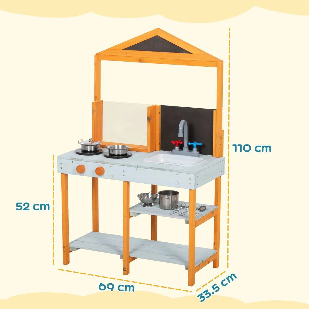 AIYAPLAY Outdoor Wooden Mud Kitchen for Kids with Sink, Stove, Cookware & Shelves – Pretend Play Toy, Ages 3-8