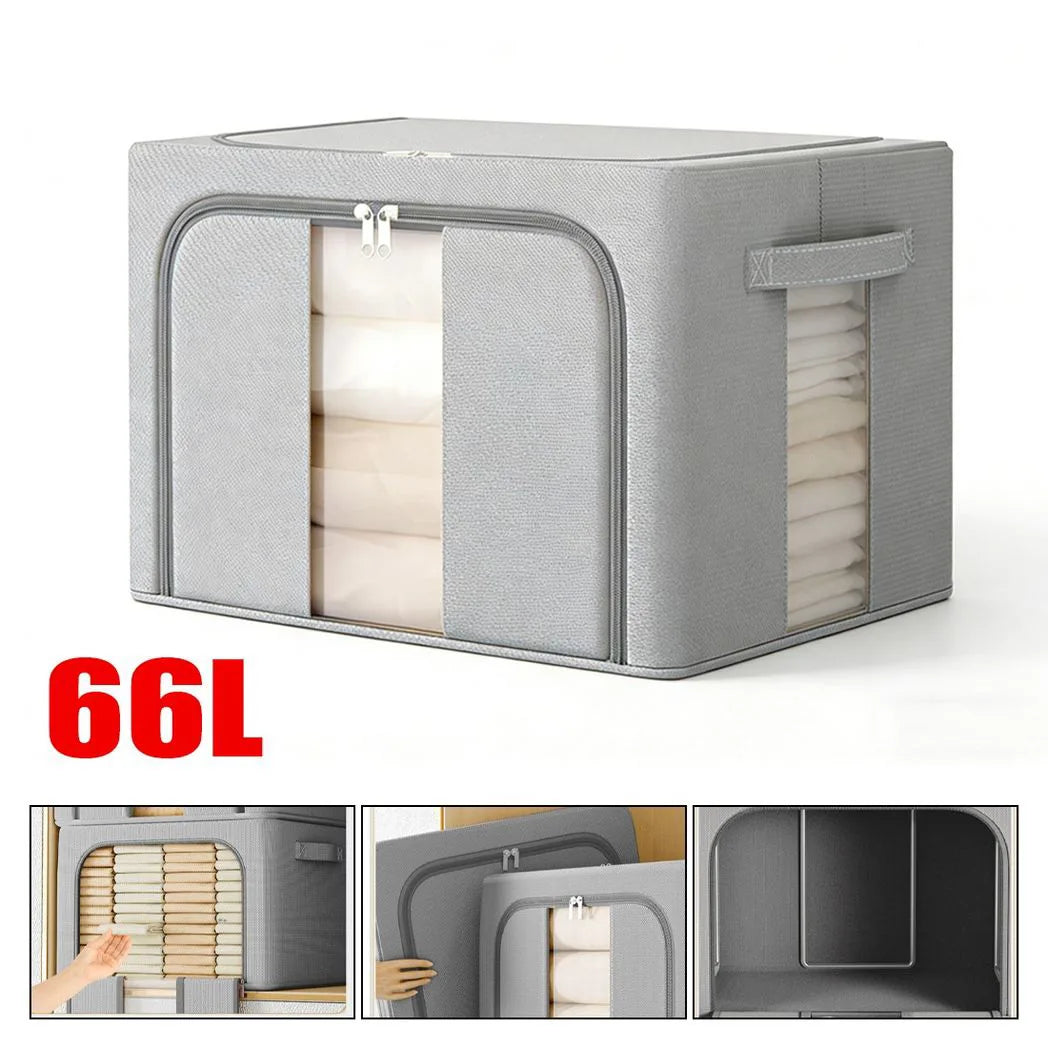 Foldable Clothes Storage Boxes with Steel Frame, Clear Window and Zip Top – Wardrobe Organisers, Grey, Set of 2