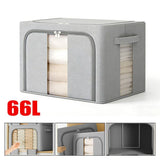 Foldable Clothes Storage Boxes with Steel Frame, Clear Window and Zip Top – Wardrobe Organisers, Grey, Set of 2