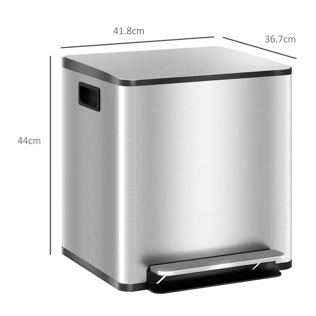 HOMCOM 30L Dual Compartment Pedal Bin with Soft Close Lid, Deodoriser Holders – Stainless Steel Kitchen Bin, Silver Tone