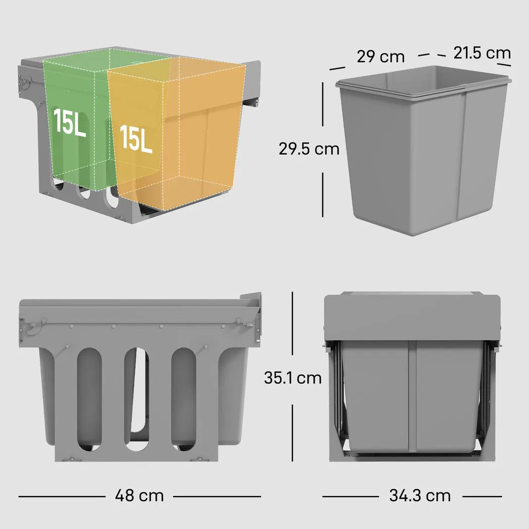 HOMCOM Under Sink Pull Out Bin with 2 x 15L Removable Compartments – Soft-Close Waste Bin, Light Grey