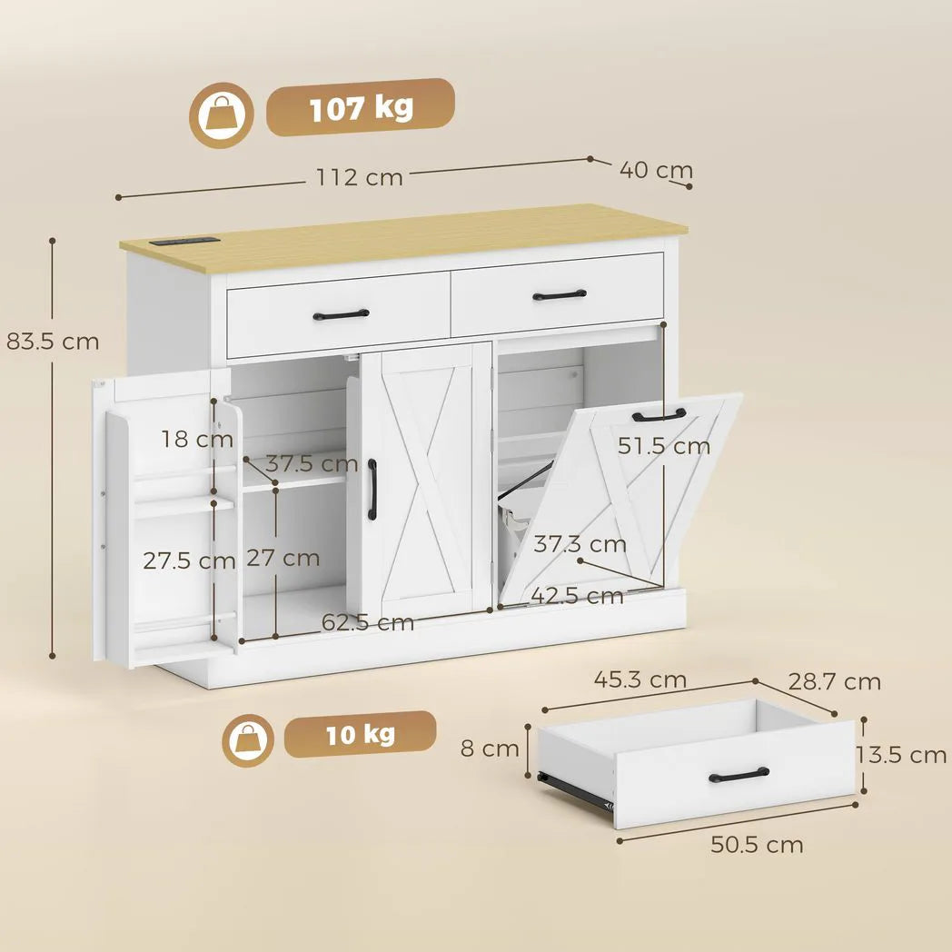 HOMCOM Tilt Out Bin Cabinet with Charging Station, 2 Drawers & Door Racks – Kitchen Island with 57L Hidden Storage, White