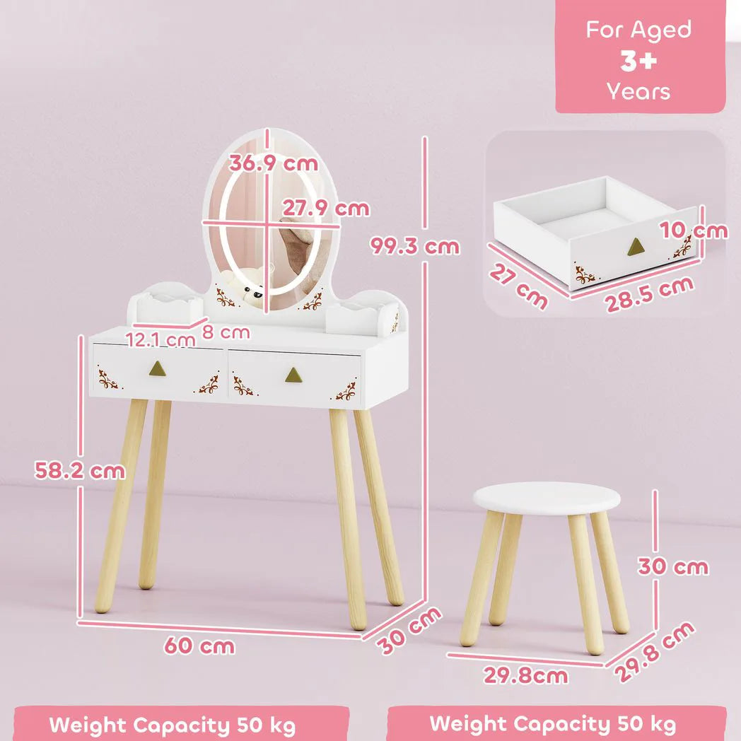 AIYAPLAY Kids Vanity Table and Chair Set with 3-Colour LED Mirror & Drawers – 2-in-1 Dressing Table & Desk, White