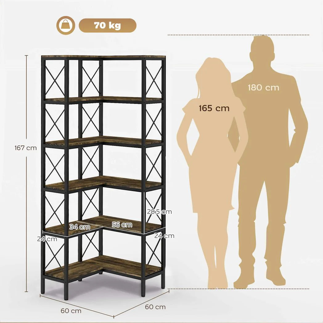 HOMCOM 5-Tier L-Shaped Corner Bookshelf with Metal Frame and Anti-Tipping Kit – Freestanding, Rustic Brown