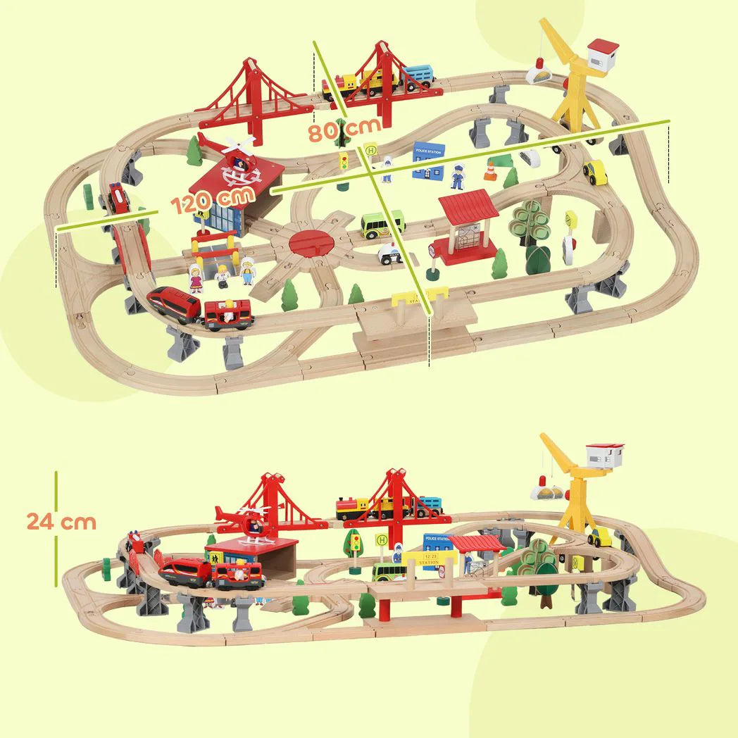 AIYAPLAY 133-Piece Wooden Train Set with Battery-Powered Engine, Crane & Storage Box – Toy Train for Ages 3+