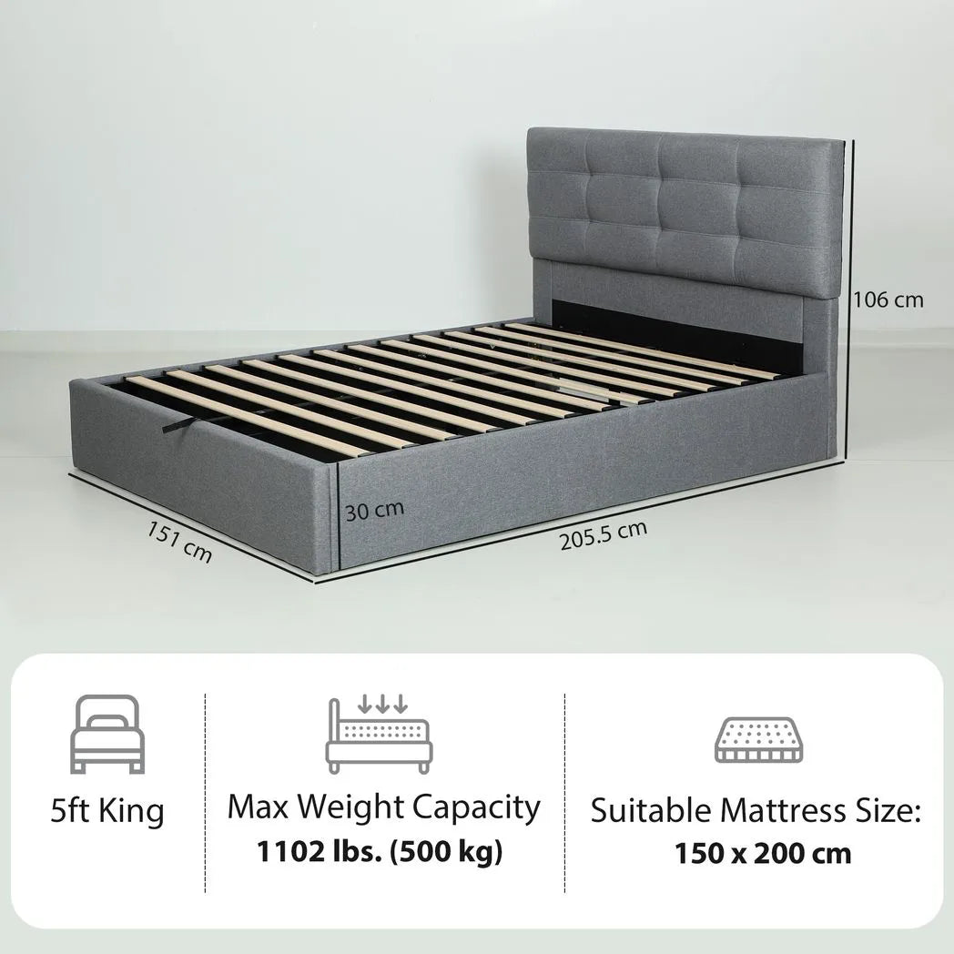 HOMCOM 5ft King Size Ottoman Bed with Gas Lift Storage and Tufted Headboard – Bedroom Frame, Grey