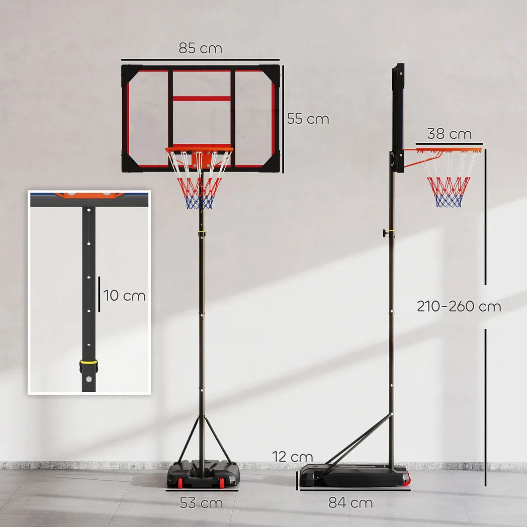 AIYAPLAY Height Adjustable Basketball Hoop 210-260cm with Wheels & Fillable Base – Indoor Outdoor, Red