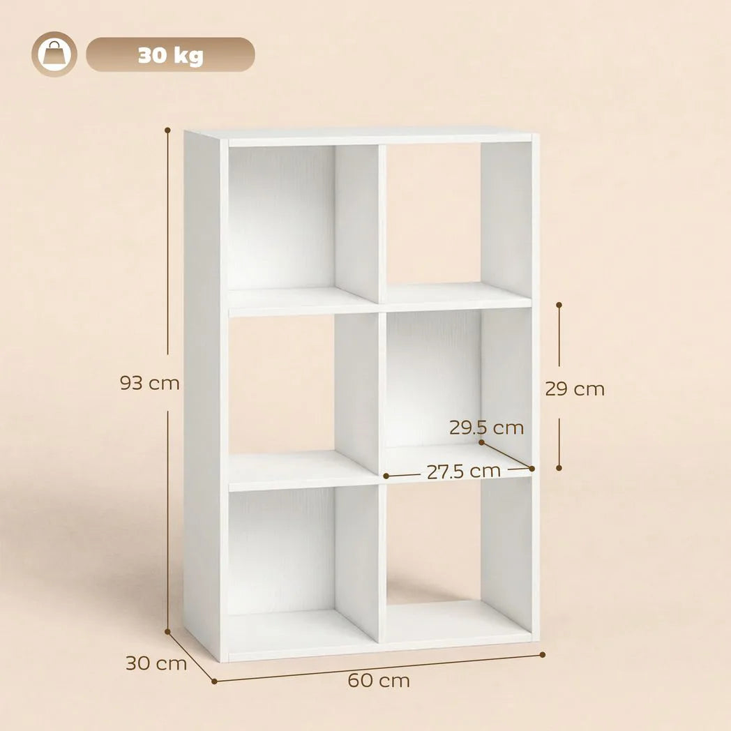 HOMCOM Industrial Style 3-Tier Storage Shelf with 6 Compartments – Bookcase for Living Room, White Wood Effect