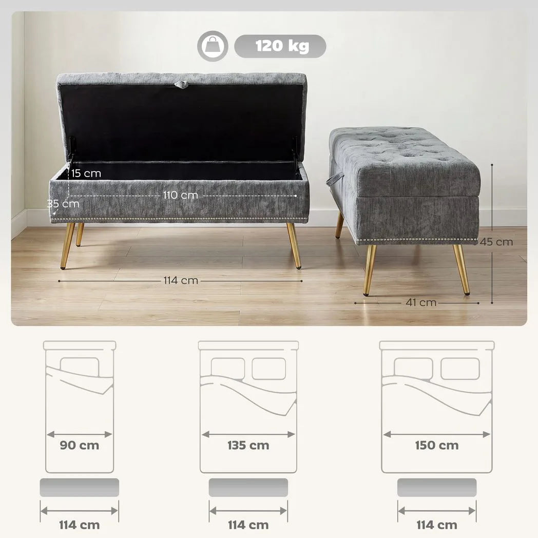 HOMCOM Chenille Storage Ottoman Bench with Padded Seat and Metal Legs, 114 x 41 x 45cm – End of Bed Seat, Grey