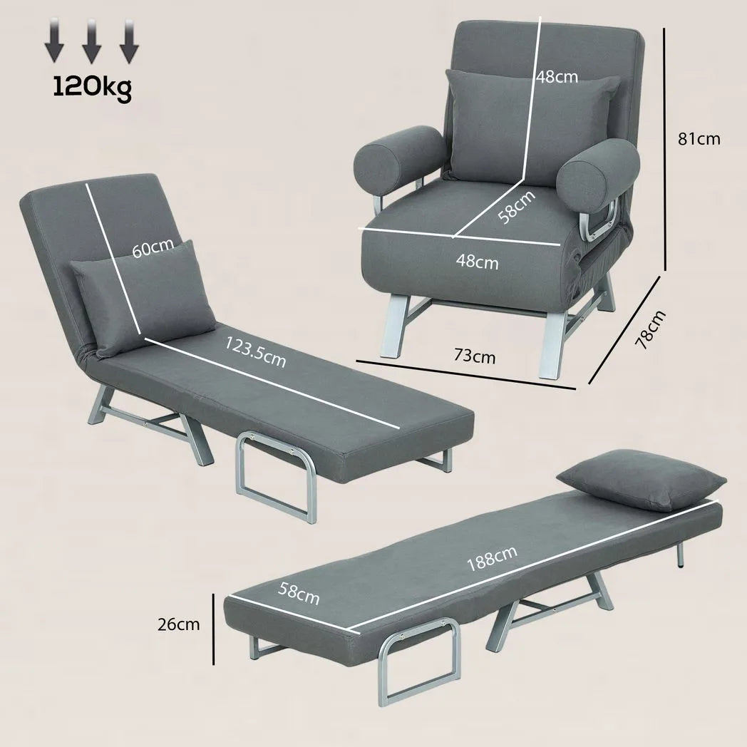 HOMCOM 3-in-1 Single Sofa Bed with Adjustable Backrest and Removable Armrests – Folding Chair Bed, Dark Grey