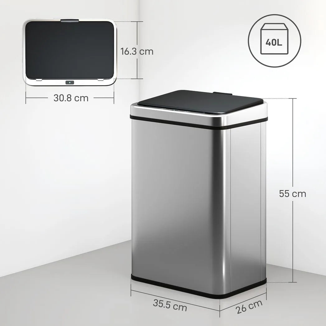 HOMCOM 40L Sensor Bin with Soft-Close Lid – Stainless Steel Touchless Motion Sensor Kitchen Bin, Silver
